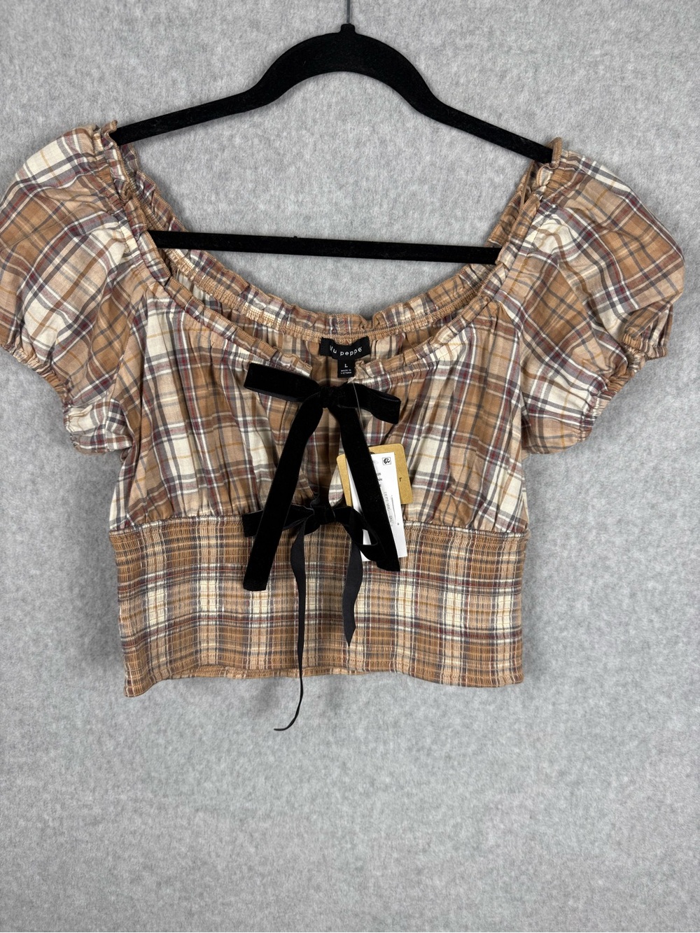 Blu Pepper Plaid Crop Top Cottagecore Coquette Prairie Puff Sleeve Blouse L NWT
